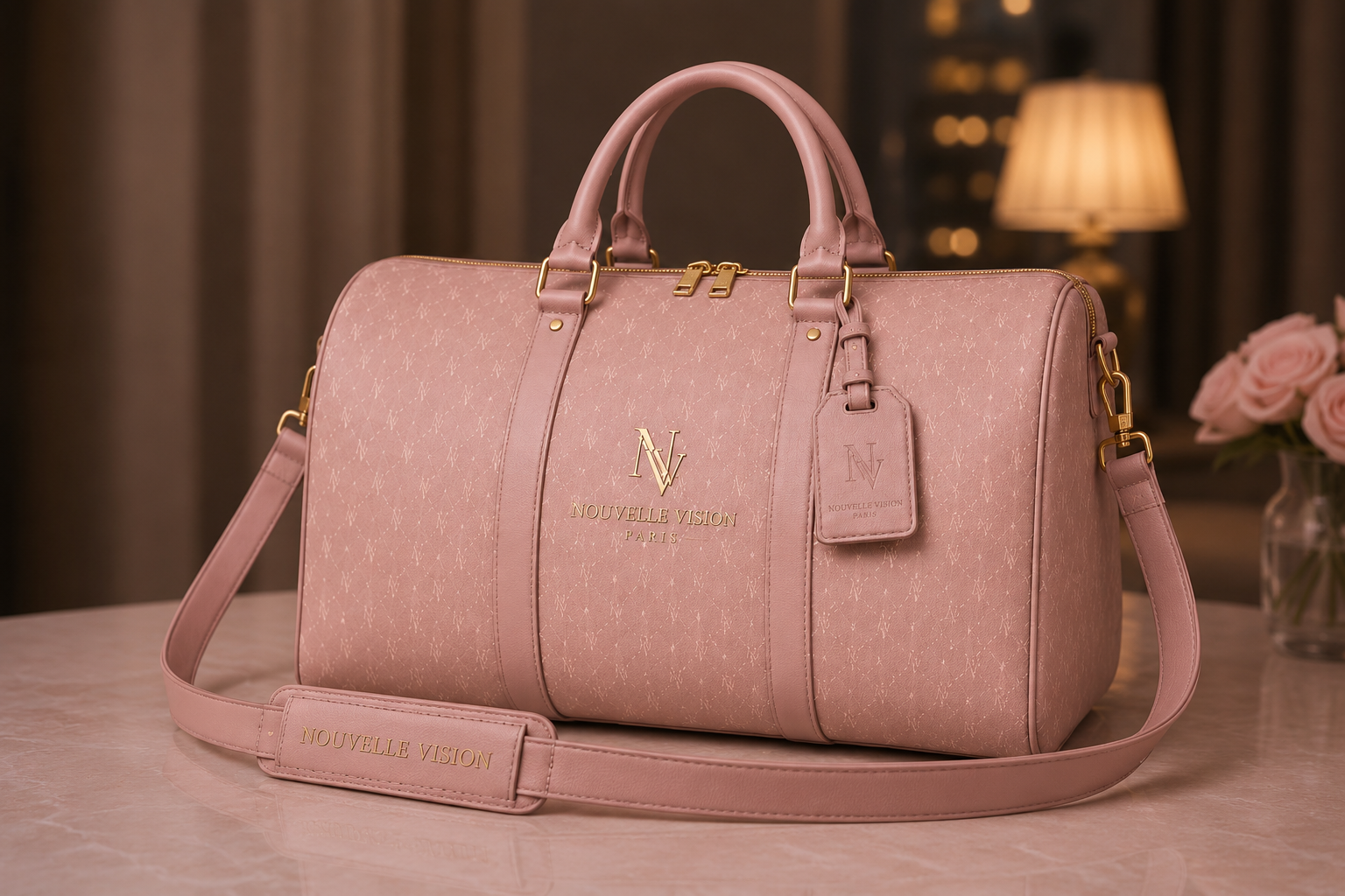 NOUVELLE VISION PARIS – Weekender – Rose Élégance – Sac de voyage féminin rose poudre avec finitions dorées